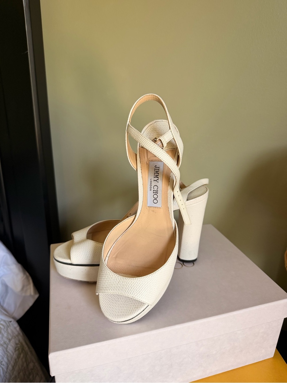 Jimmy Choo Ivory Textured Platform Block Heel Sandals